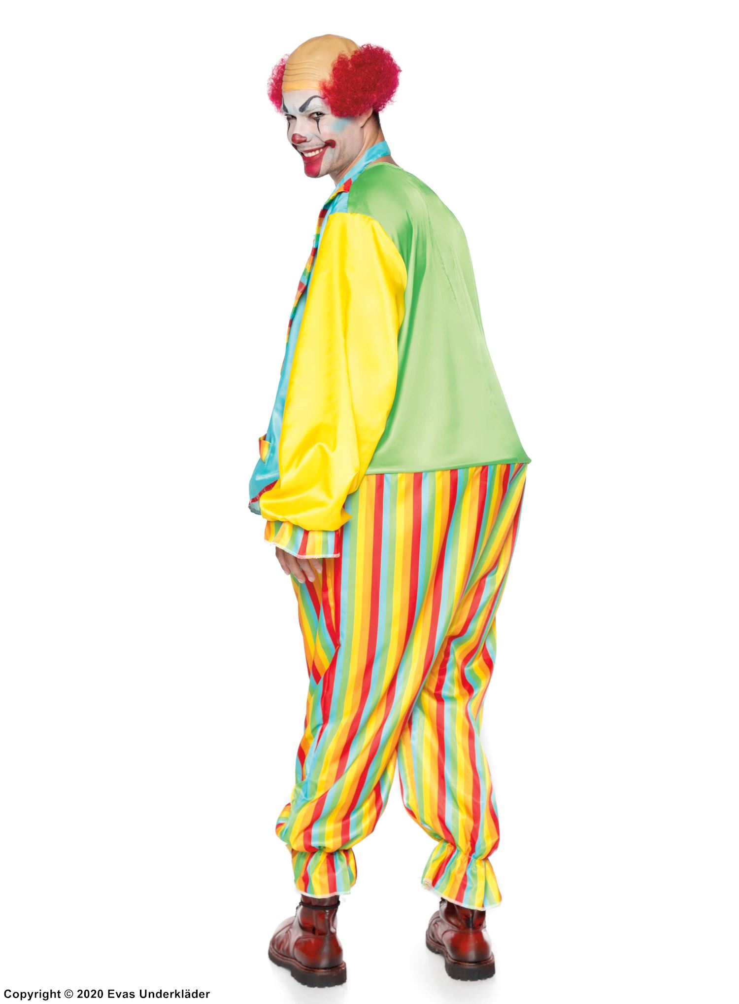 Circus clown, costume jumpsuit, necktie, colorful stripes